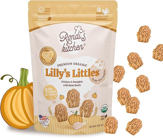 Rondi's Kitchen Lilly's Littles Organic Tender Dog Treats - Natural Doggie Cookie for Small Dogs, Puppy, Senior, Training - Human Grade Superfood Biscuit with Bone Broth - Chicken & Pumpkin