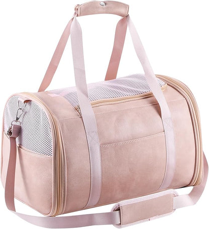 Lasaviin Fashion Leather Dog Carrier Cat Carrier Airline Approved Pet Carrier for Small Medium Dogs Cats Under 15Lbs, Collapsible Soft Sided Travel Puppy Carrier Pink