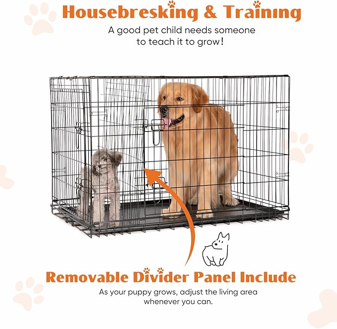 Sweetcrispy 48 Inch Dog Crate, Medium Large Crates Double Door Folding Metal Wire Dog Cage with Plastic Leak-Proof Pan Tray, Pet Kennel for Indoor, Outdoor, Travel