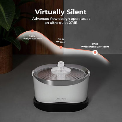 Whiskertons Wireless Cat Water Fountain, Cordless Battery Operated Pet Fountain, 3L/101oz EverMount Cat Fountain, Pet Water Fountains for Cats Indoor, Stainless Steel Tray, Easy to Clean, BPA-Free