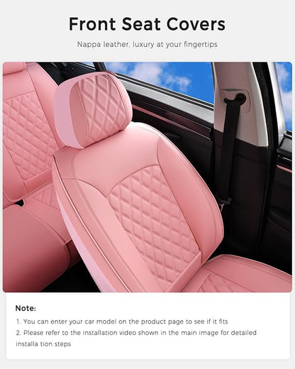 Huidasource Pink Front Seat Covers, Nappa Leather Front Car Seat Covers, Side Elastic Fabric, Compatible with Airbags, Seat Belts, Universal Fit for Most Cars, Vans, Trucks, SUV (Front Pair/Pink)