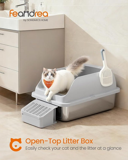 Feandrea Stainless Steel Cat Litter Box with Open Top, High Sided Litter Tray with Step, Scoop, Brush, for Cats up to 33 lb, Light Gray UPPT008GD01
