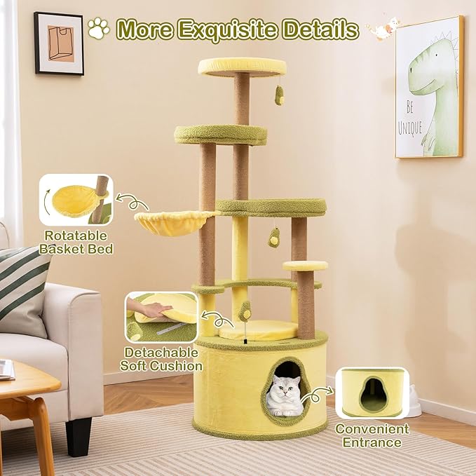 PETSITE 62.5 Inch Avocado-Themed Cat Tree, Multi-Level Modern Cat Tower with Jute Scratching Posts, Cat Condo, Dangling and Spring Toy, and Removable Cushions, Cute Cat Tree Tower for Indoor Cats