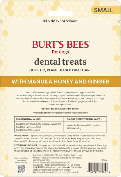 BURT'S BEES FOR PETS Dental Treats for Dogs with Manuka Honey & Ginger, Holistic, Plant-Based Oral Care, 98% Natural Origin Formulas, Sweet Potato Flavor, Dog Treats Small Dogs, Sz Sm 10ct, 7 oz