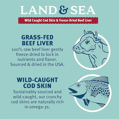 Icelandic+ Land & Sea Wild Caught Cod Skin & Freeze-Dried Beef Liver - 6.75oz Bag, Dog Treat & Food Topper, 2 Ingredients, No Preservatives, Natural (Pack of 2)