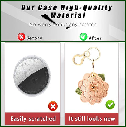 BORKUANA Leather Keychain Holder Case Compatible with AirTag,Cute Protective Cover with Keyring
