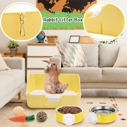 Reallnaive 15 Pcs Rabbit Starter Kit Small Rabbit Litter Box Girls Gift Animal Grooming Kit Bunny Toys Bowl Blankets with Cleaning Set for Guinea Pig Accessories(Blue)