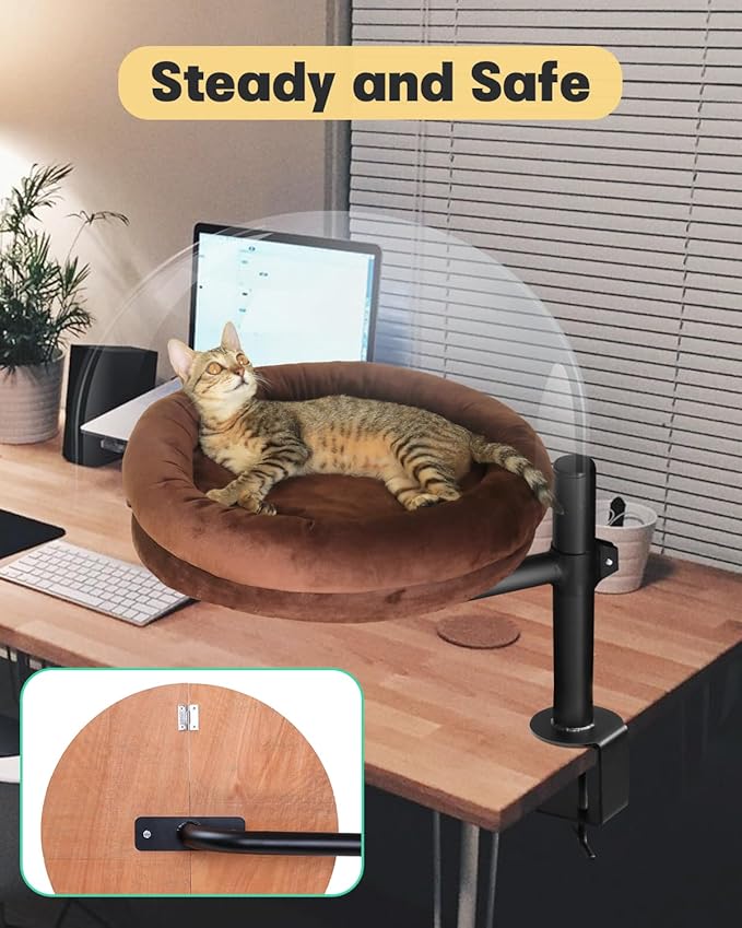 Cat Bed for Desk,Keeps Kitten Close and Workspace Clear Cat Bed,Height Adjustable and Rotatable,Drilling-Free(Dark Brown,18.5" Lx17.5 Wx16.8 W)