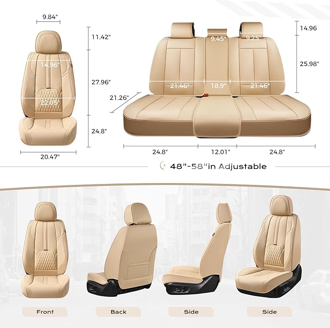 Coverado Seat Covers for Cars, 5 Seat Waterproof Seat Cover with Lumbar Support, Front and Rear Seat Covers, Luxury Leather Car Seat Protectors, Car Seat Cushions Universal Fit for Most Cars (Beige)
