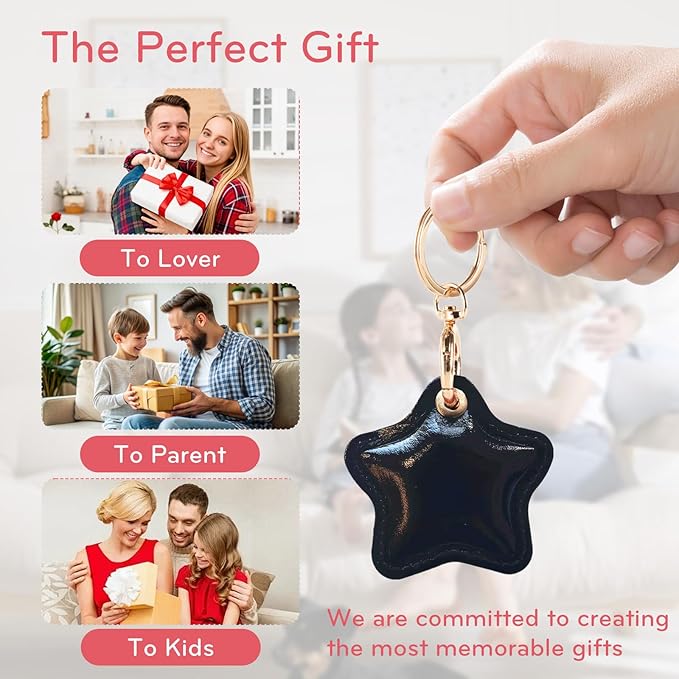 Leather Charm Keychain Holder Case Compatible with AirTag,Cute Protective Star-Shaped Cover with Luxe Ring Clip,Finder GPS Tracker Case for Wallet Keys,Bag,Pets(Black)