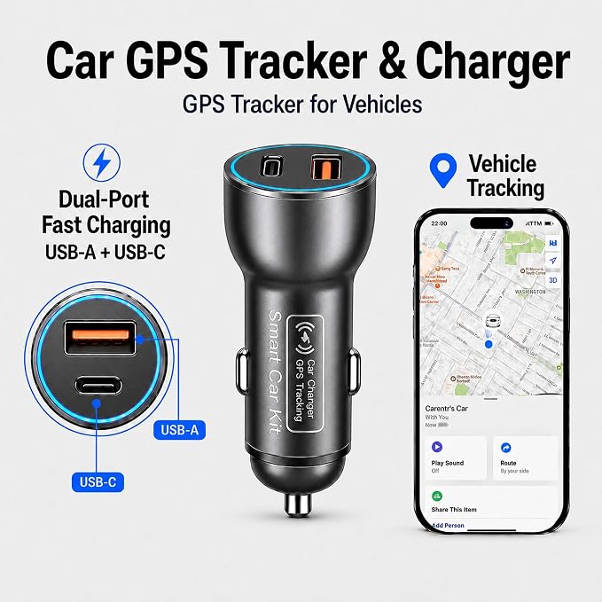 GPS Tracker for Vehicles, Car GPS Tracker Hidden with Charging Port, Real-Time Vehicle Tracking Device for Cars, Anti-Theft GPS Locator & Parking Finder, No Monthly Fee, No SIM Card, iOS Only