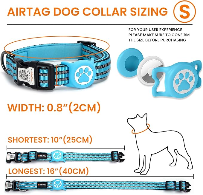AirTag Dog Collar for Small Dogs, IP68 Waterproof Air Tag Dog Collar with Apple AirTag Holder, Reflective, Padded Lining, QR Code Personalized Dog Tags (Blue, Small)