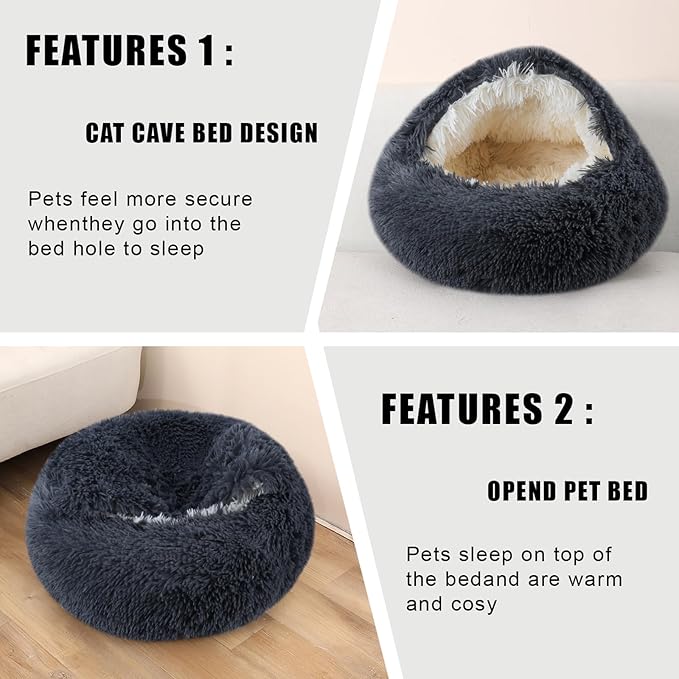 FORMYCATIE Cat Beds for Indoor Cats,Cat Cave for Puppy and Kitty,Calming Small Dog Bed for Small Dogs with Cover Cave,Cozy Warming Fluffy Washable Anti-Slip Pet Sleeping Bag(20 * 20inch,Dark Gray)