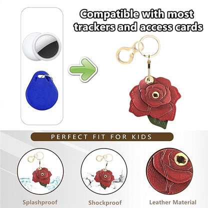 BORKUANA Leather Keychain Holder Case Compatible with AirTag,Cute Protective Cover with Keyring