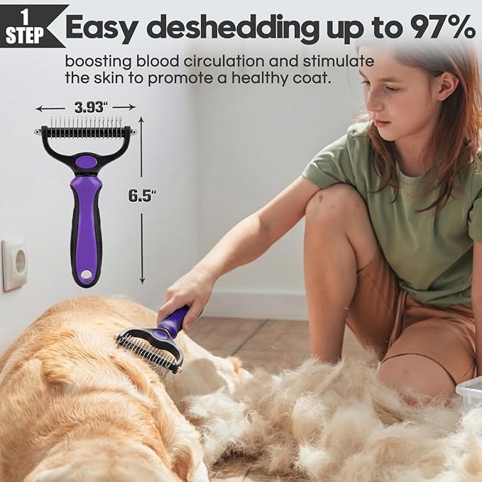 Bonteck Dog Slicker Brush for Dogs Grooming Kit 4PCS | Large Dog Brush for Goldendoodles Poodles Doodles | Long Pin Haired Brush | Poodle Brushes and Comb (Purple)