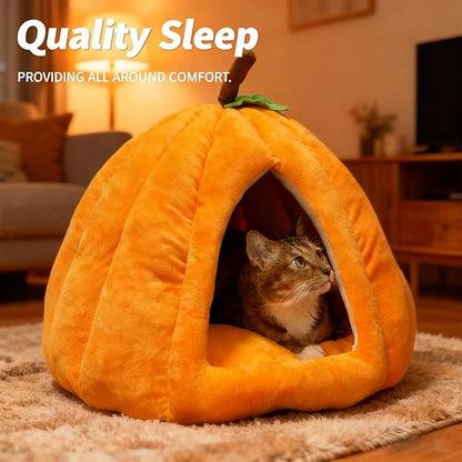Cat Bed for Indoor Cats - Adorable Cozy Pumpkin Cat Cave with Removable Cushion, Super Soft Pet House Tent for Kittens & Small Pets, Warm & Washable Non-Slip Design(M 17.7 inch Grey)