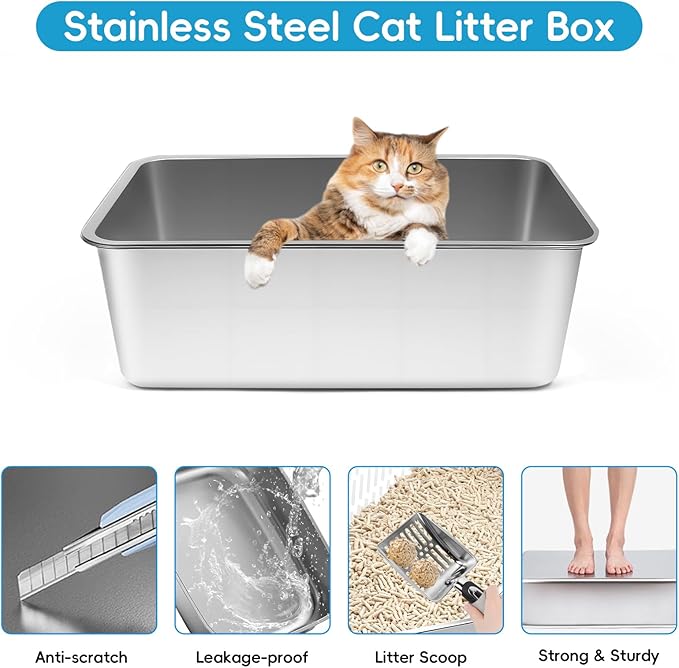 Stainless Steel Sifting Litter Box, 23.6" L x 15.7" W x 8" H Semi-Enclosed Metal Cat Litter Box with Sifting Pan, Scoop for Big Cat Easy Cleaning