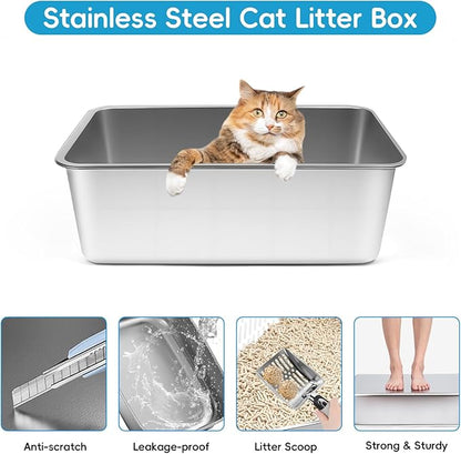 Stainless Steel Sifting Litter Box, 23.6" L x 15.7" W x 8" H Semi-Enclosed Metal Cat Litter Box with Sifting Pan, Scoop for Big Cat Easy Cleaning