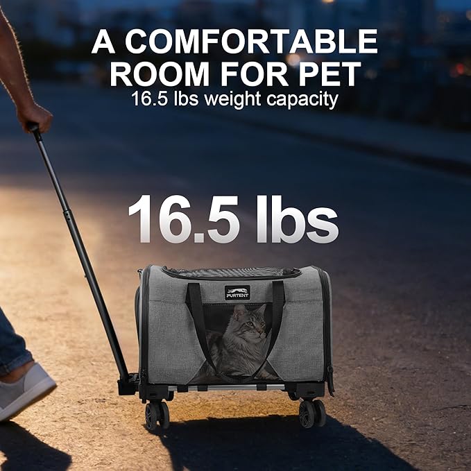 Soft Sided Cat Carrier Wheels Rolling Dog Carrier Airline Approved Pet Carrier with Wheels for Puppy and Kitten with Telescopic Handle and Trolley for Traveling Camping Vet Hiking,Grey