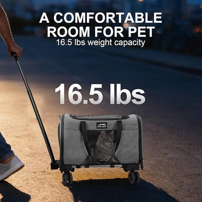 Soft Sided Cat Carrier Wheels Rolling Dog Carrier Airline Approved Pet Carrier with Wheels for Puppy and Kitten with Telescopic Handle and Trolley for Traveling Camping Vet Hiking,Grey