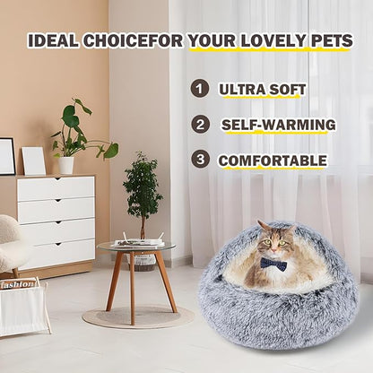 Cat Bed for Indoor Cats, Calming Cozy Cave with Self-Warming Plush, Entire Bed Machine Washable & Anti-Slip Base, Breathable Pet Bed for Small Cats&Dogs All Seasons (Grey, 20 * 20inch)