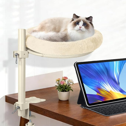Cat Desk Bed,Steel Cat Bed for Desk,Up and Down Available,360° Rotating, Shelf Height Adjustable, Desktop Attachment Cats Nest Perch Hammock for Office Game Tables, Supports 40lb（Beige）