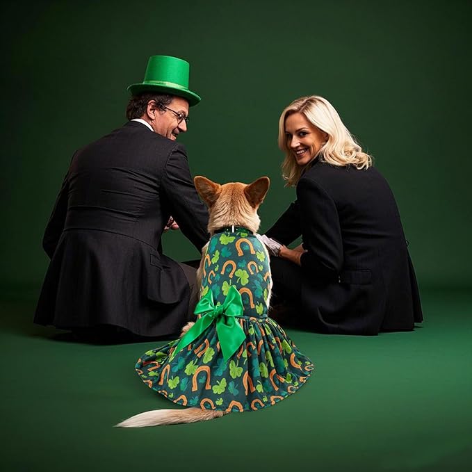 St. Patrick's Day Dog Costume Dress S, Green Shamrock and Horseshoe Print with Satin Bow, Pet Outfit for 6-7 lbs Dogs and Cats, Festive Holiday Apparel