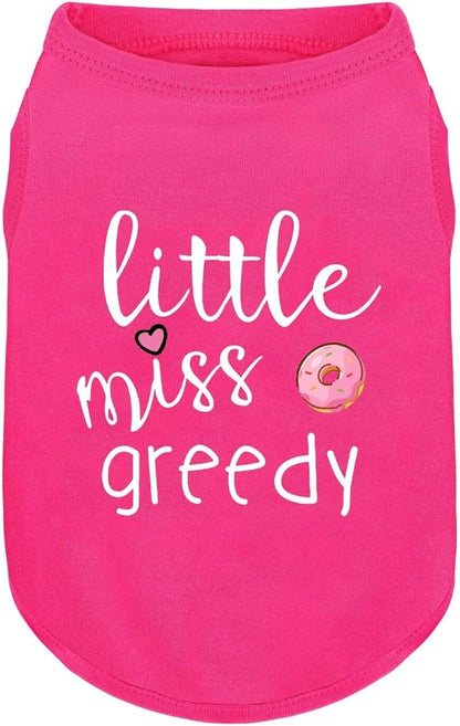 Pink Cotton Dog Shirt with 'Little Miss Greedy' Print, Soft & Breathable Pet Apparel for Small to Large Dogs, All-Season Sleeveless Vest, Cute and Comfortable Dog Outfit.Pink Donut S