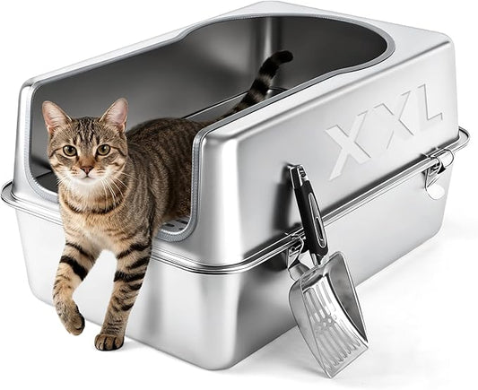 Stainless Steel Cat Litter Box XXL, 23.6" L x 15.7" W x 11.8" H Extra Large Semi Enclosed Removable Metal Litter Tray with High Sided Enclosure, Scoop, Anti-Leakage, Non-Sticky, Easy Cleaning