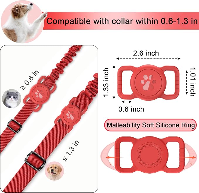 SANKALA [1 Pack] Waterproof Dog Airtag Holder, Red | Silicone Full Body Covered, Anti-Lost Protective, Fits All Width Collars, for Apple AirTag(Gen 1 & 2), Signal Friendly