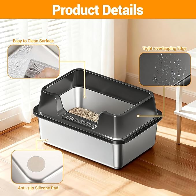 Enclosed Stainless Steel Cat Litter Box with Lid Extra Large Litter Box for Big Cats XL Metal Litter Pan Tray with High Wall Sides Enclosure, Non-Sticky, Anti-Leakage, Easy Cleaning