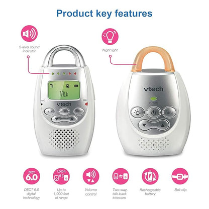 VTech Communications DM221 Audio Baby Monitor with up to 1,000 ft of Range, Vibrating Sound-Alert, Talk Back Intercom & Night Light Loop, White/Silver