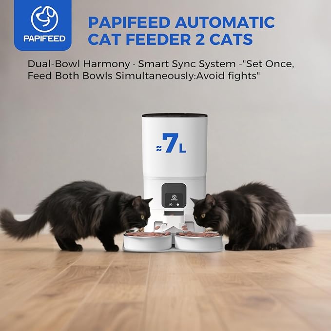 PAPIFEED Automatic Cat Feeder 2 Cats, 2.4G WiFi Cat Food Dispenser with App Control, 7L Slow Feed Timed Cat Feeders for Dry Food, 10 Meals/Day, 12 Portions/Meal, Dual Power Supply, White