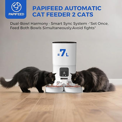 PAPIFEED Automatic Cat Feeder 2 Cats, 2.4G WiFi Cat Food Dispenser with App Control, 7L Slow Feed Timed Cat Feeders for Dry Food, 10 Meals/Day, 12 Portions/Meal, Dual Power Supply, White