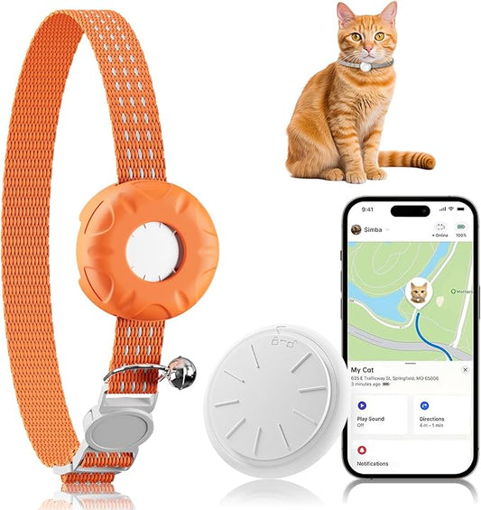 Cat Tracker, GPS Tracker, Pet Tracker Compatible with Apple Find My App(Only iOS), Waterproof Cat Trackers Collar with Bell and Safety Elastic Buckle,No Monthly Fee, Smart Alerts, Orange