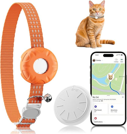 Cat Tracker, GPS Tracker Compatible with Apple Find My App(Only iOS), Waterproof Tracker Cat Collar with Safety Elastic Buckle, No Monthly Fee Pet Tracker for Cats, Works with Any Collar (Orange)