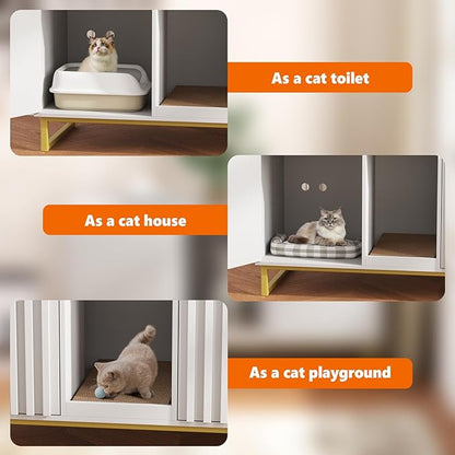 Halitaa Double Litter Box Enclosure,Modern Cat Litter Box Enclosure for 2 Cats, Hidden Litter Box with Cat Scratch Pad, Cat Washroom Cat House End Table, Entryway Bench for Livingroom (White)