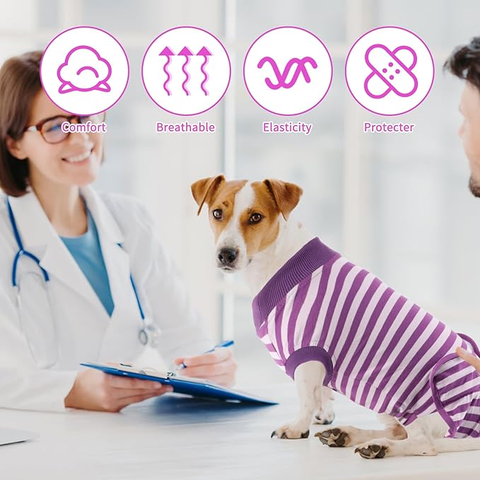 2 Packs Breathable Cotton Dog Recovery Suit for After Neuter Spay Abdominal Wounds Protector, Professional Anti-Licking Onesies for Male Female Pets Surgery Bandages, M Purple & Pink Stripes