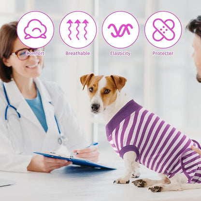 2 Packs Breathable Cotton Dog Recovery Suit for After Neuter Spay Abdominal Wounds Protector, Professional Anti-Licking Onesies for Male Female Pets Surgery Bandages, XL Purple & Pink Stripes