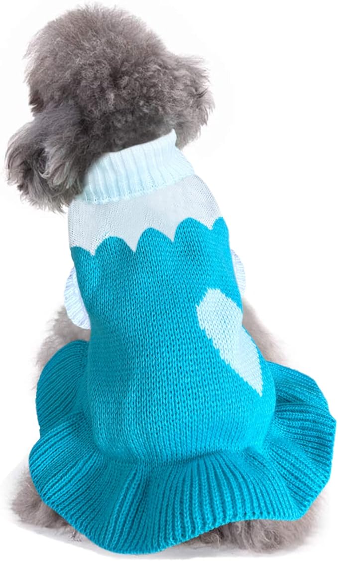 CHBORCHICEN Pet Dog Sweaters Classic Knitwear Turtleneck Winter Warm Puppy Clothing Cute Strawberry and Heart Doggie Sweater (S, Dress-Sky Blue)