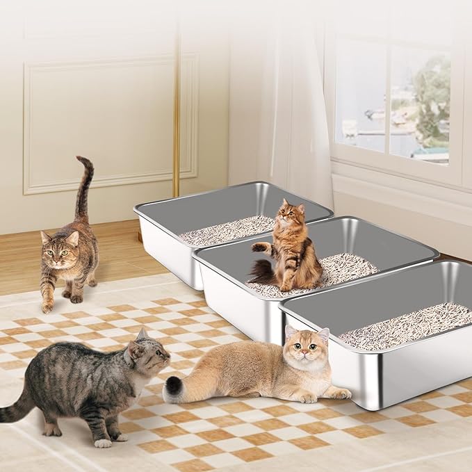 3 Pack Stainless Steel Litter Box, 27.6"x19.7"x8" XXXL Metal High Sided Cat Litter Pan, Extra Large Stainless Steel Box Splash-Proof and Non-Stick Cat Poop Box Odorless