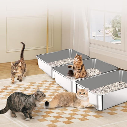 3 Pack Stainless Steel Litter Box, 27.6"x19.7"x8" XXXL Metal High Sided Cat Litter Pan, Extra Large Stainless Steel Box Splash-Proof and Non-Stick Cat Poop Box Odorless