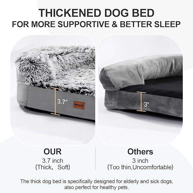 iweepet 3.7 inch Thickened Orthopedic Dog Beds for Large Dogs, Fluffy Supportive Dog Sofa Bed with 28D Egg-Crate Foam, Removable Washable Plush Cover, Waterproof Lining, Cozy Oval Design, Grey