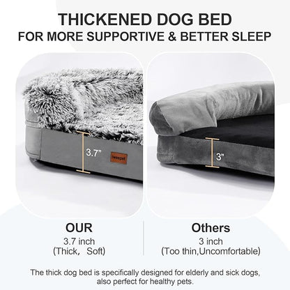 iweepet 3.7 inch Thickened Orthopedic Dog Beds for Large Dogs, Fluffy Supportive Dog Sofa Bed with 28D Egg-Crate Foam, Removable Washable Plush Cover, Waterproof Lining, Cozy Oval Design, Grey