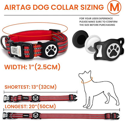 AirTag Dog Collar for Medium Dogs, IP68 Waterproof Air Tag Dog Collar with Apple AirTag Holder, Reflective, QR Code Personalized Dog Tags(Red, Medium)