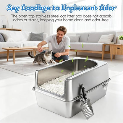 Stainless Steel Cat Litter Box XXL, 23.6" L x 15.7" W x 11.8" H Extra Large Semi Enclosed Removable Metal Litter Tray with High Sided Enclosure, Scoop, Anti-Leakage, Non-Sticky, Easy Cleaning