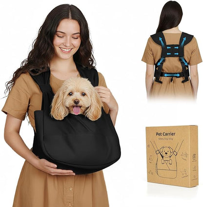 Dog Sling Carrier for Small Dogs with Bottom Support, Adjustable Pet Front Dog Carrier-Padded Straps Reducing Back Neck Pain, Anti-Anxiety Backpack for Travel Hiking Camping, Hands Free (Black,S)