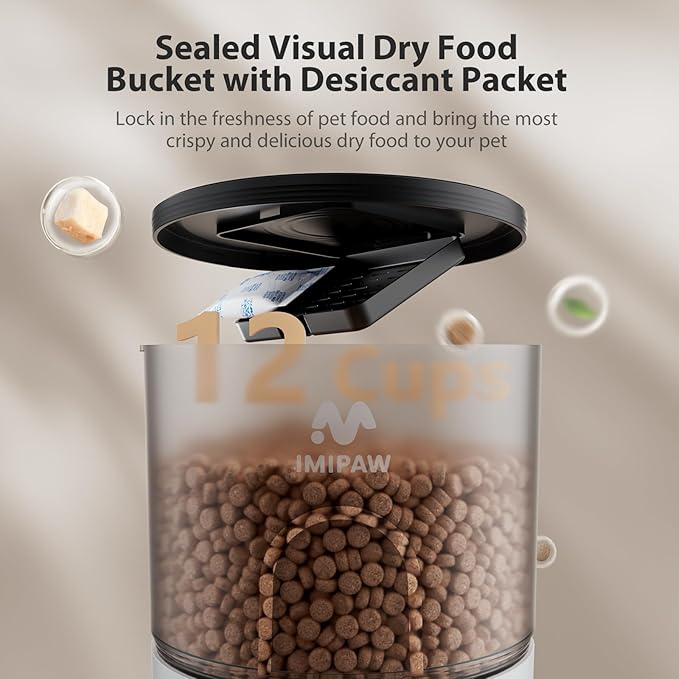 IMIPAW Automatic Cat Feeder, 3L Timed Pet Dry Food Dispenser with Clog-Free Design, Programmable, Dual Power Supply, Desiccant Bags, Auto Feeder for Cats, 1-6 Meals Per Day, with Stainless Steel