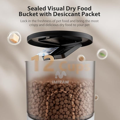 IMIPAW Automatic Cat Feeder, 3L Timed Pet Dry Food Dispenser with Clog-Free Design, Programmable, Dual Power Supply, Desiccant Bags, Auto Feeder for Cats, 1-6 Meals Per Day, with Stainless Steel