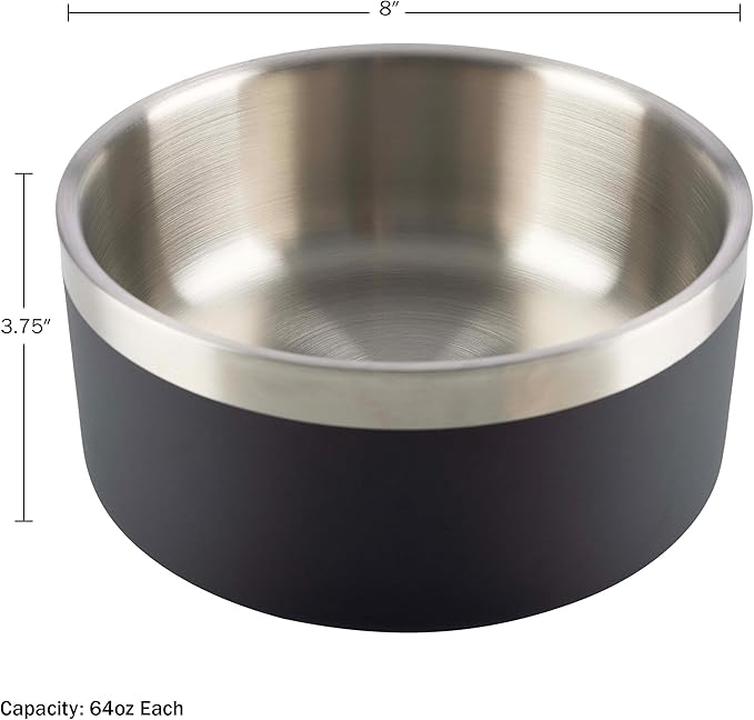 Set of 2 Stainless Steel Dog Bowls - 64oz or 8 Cups Double Wall Insulated Food and Water Bowls for Dogs and Cats, Non Slip Metal Pet Dishes for Medium-Large Pets, Puppy Essentials by PETMAKER (Black)